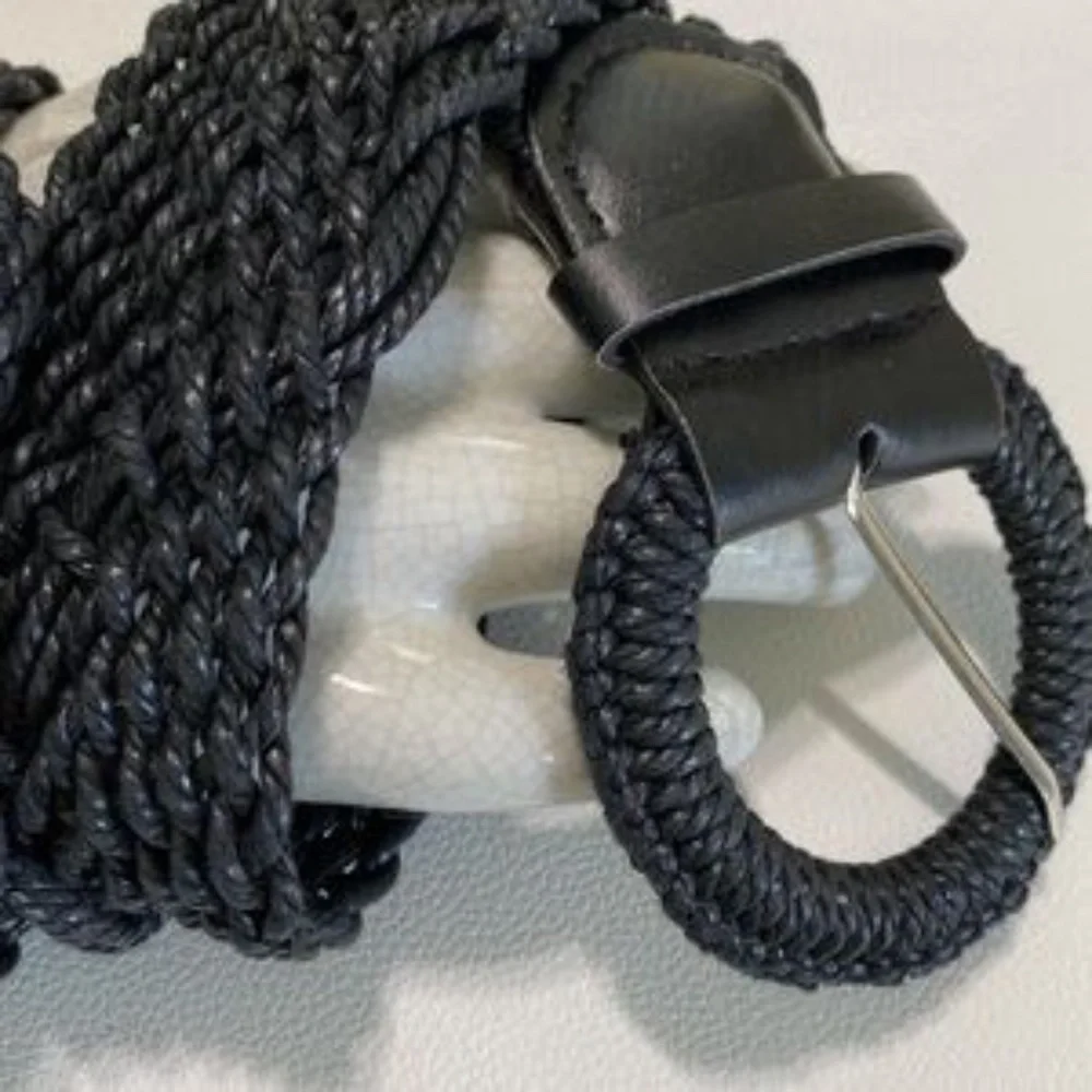 BLACK CROCHET WOVEN LEATHER JUTE BELT WIDE M/L